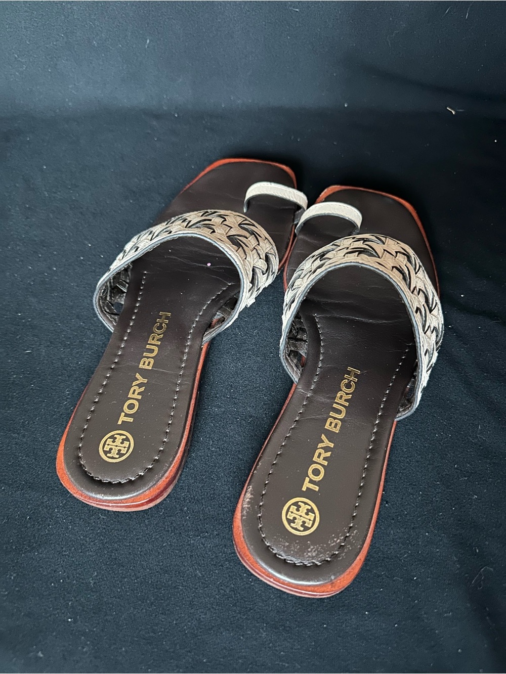 Tory Burch basket wave Cream Bone  Braided Leather Slide Sandals with Brown 8.5 - Picture 5 of 12